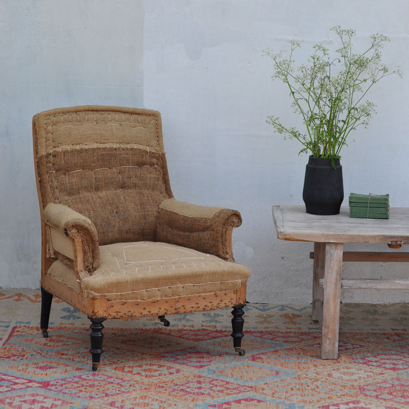 antique deconstructed hessian chair